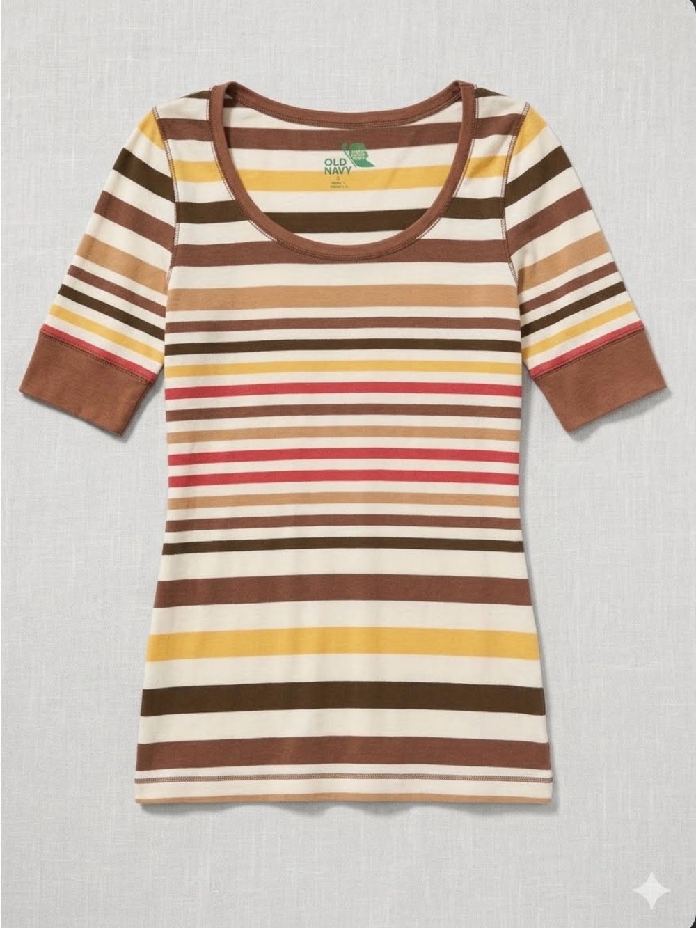 Old Navy Brown, Cream & Yellow Striped Scoop Neck Tee